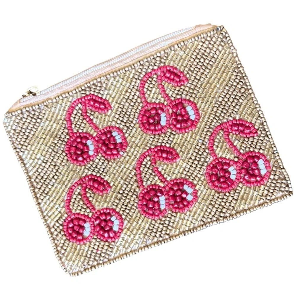 Handmade Cherries Beaded Coin Purse Gold & Pink Zip Lipstick Pouch & Card Holder